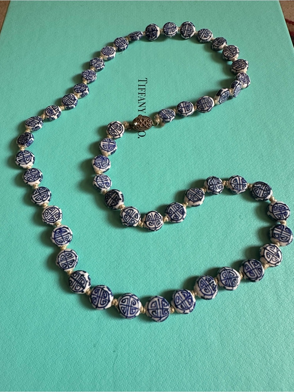 Vintage Asian Ceramic Painted Coin Necklace Blue And White Hand Knotted